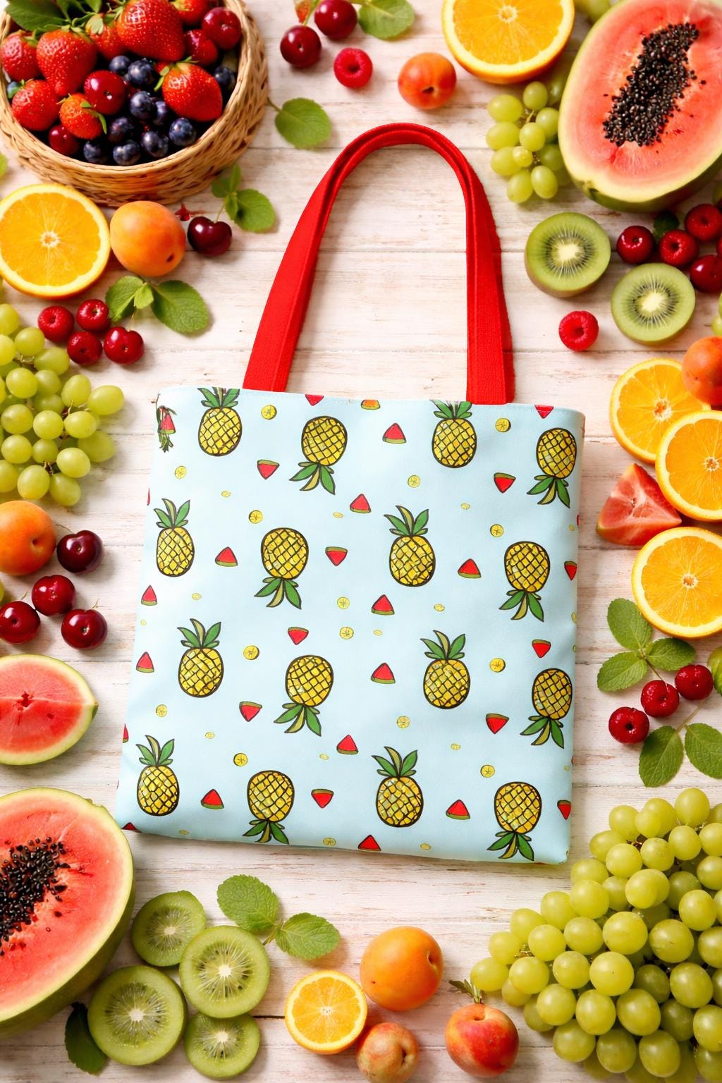 Pineapple Print Tote Bag | Tropical Polyester Shopper