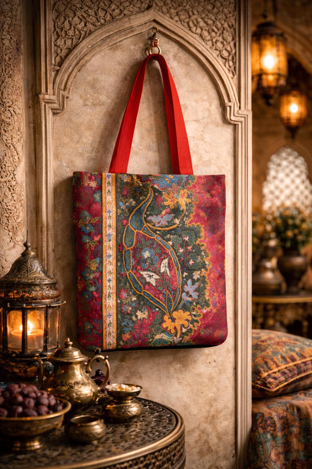 Floral Tote Bag: Persian Art Style, Colorful Handles