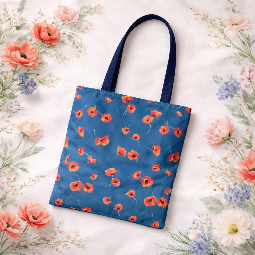 Red Poppy Floral Pattern Tote Bag | Blue Background, Reusable Eco-Friendly Casual Market & Everyday Carry with Reinforced Handles