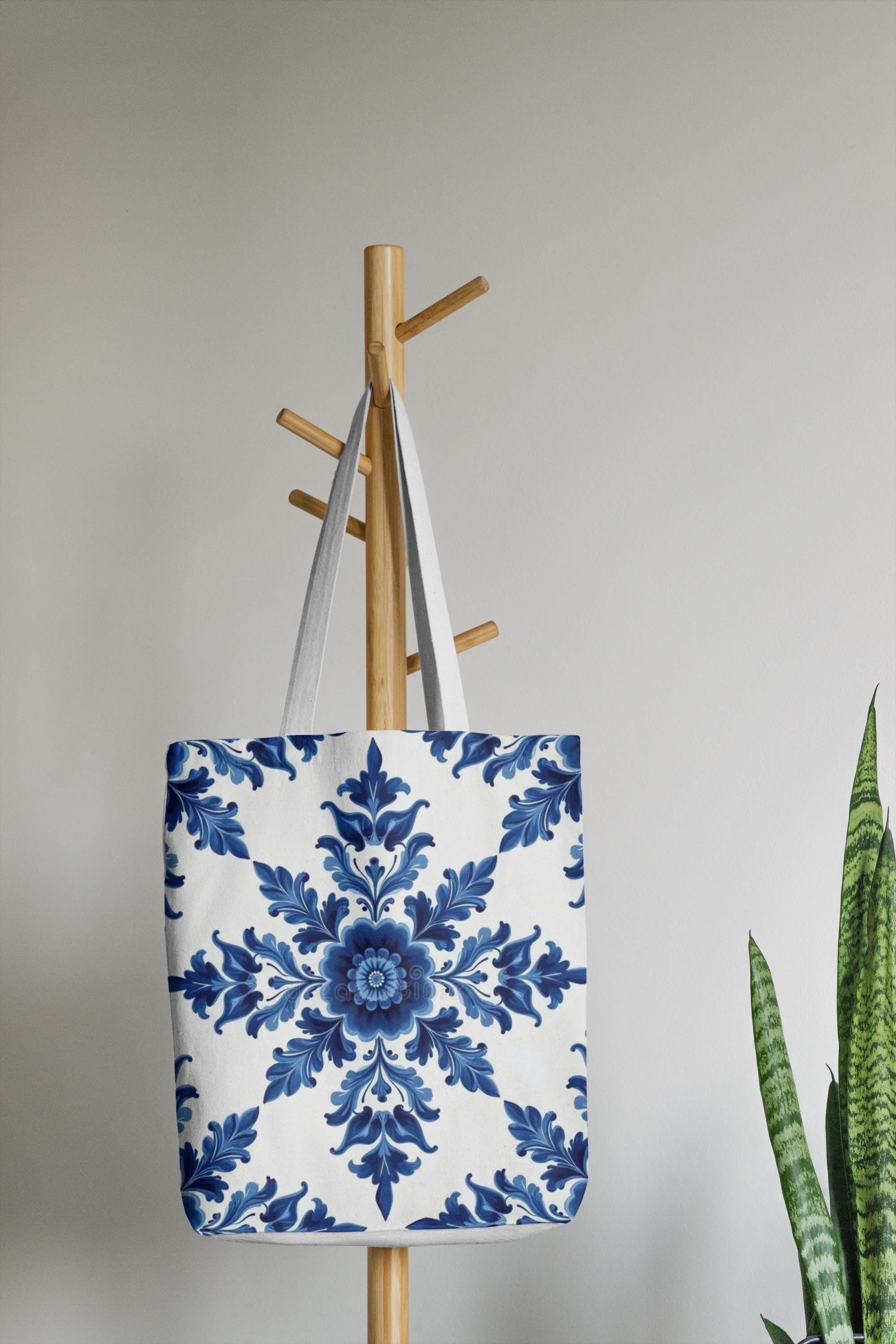 Floral Indigo Tote Bag, Blue Flower Market Shopper