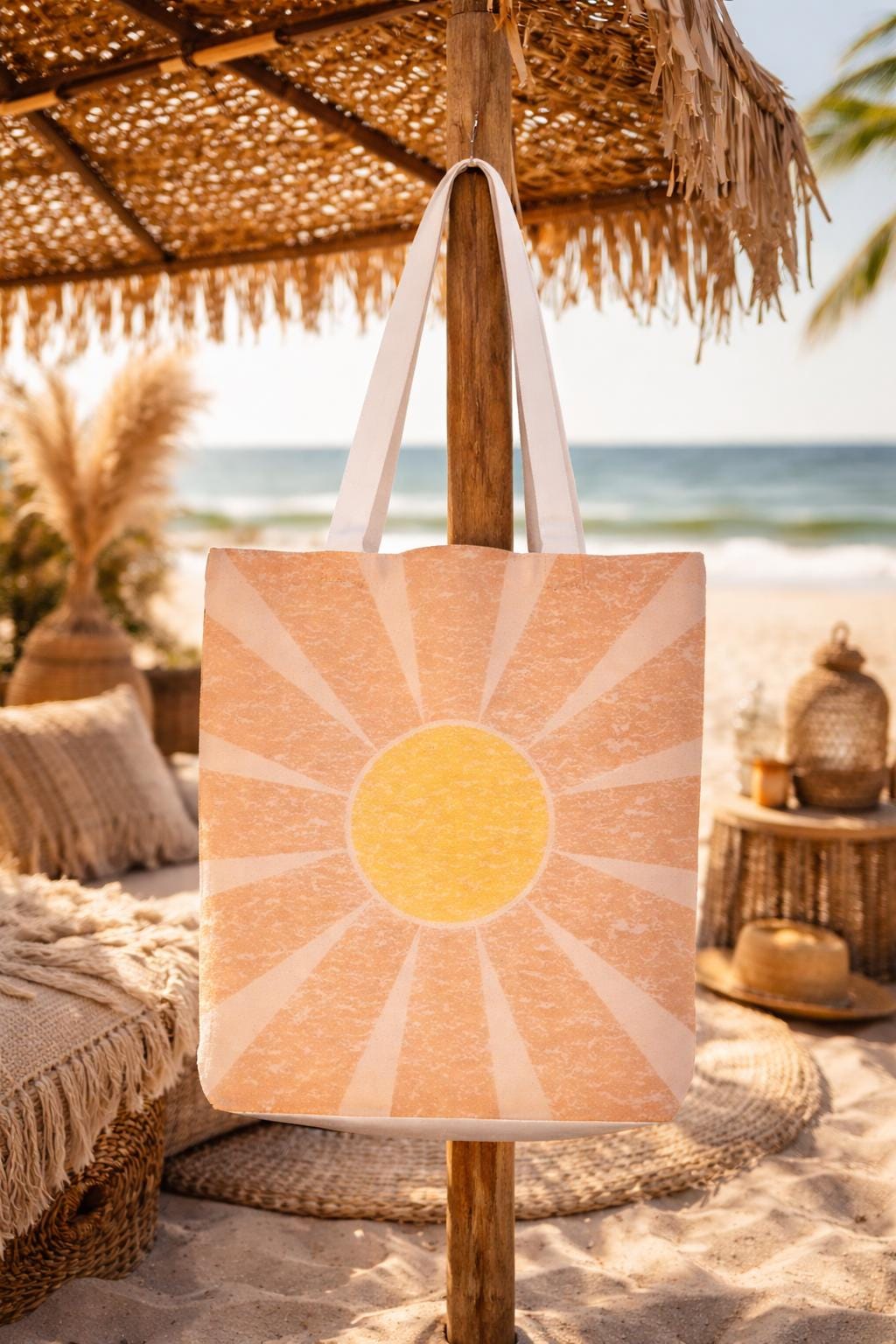 Retro Sunburst Tote Bag | Boho Sunrise Graphic