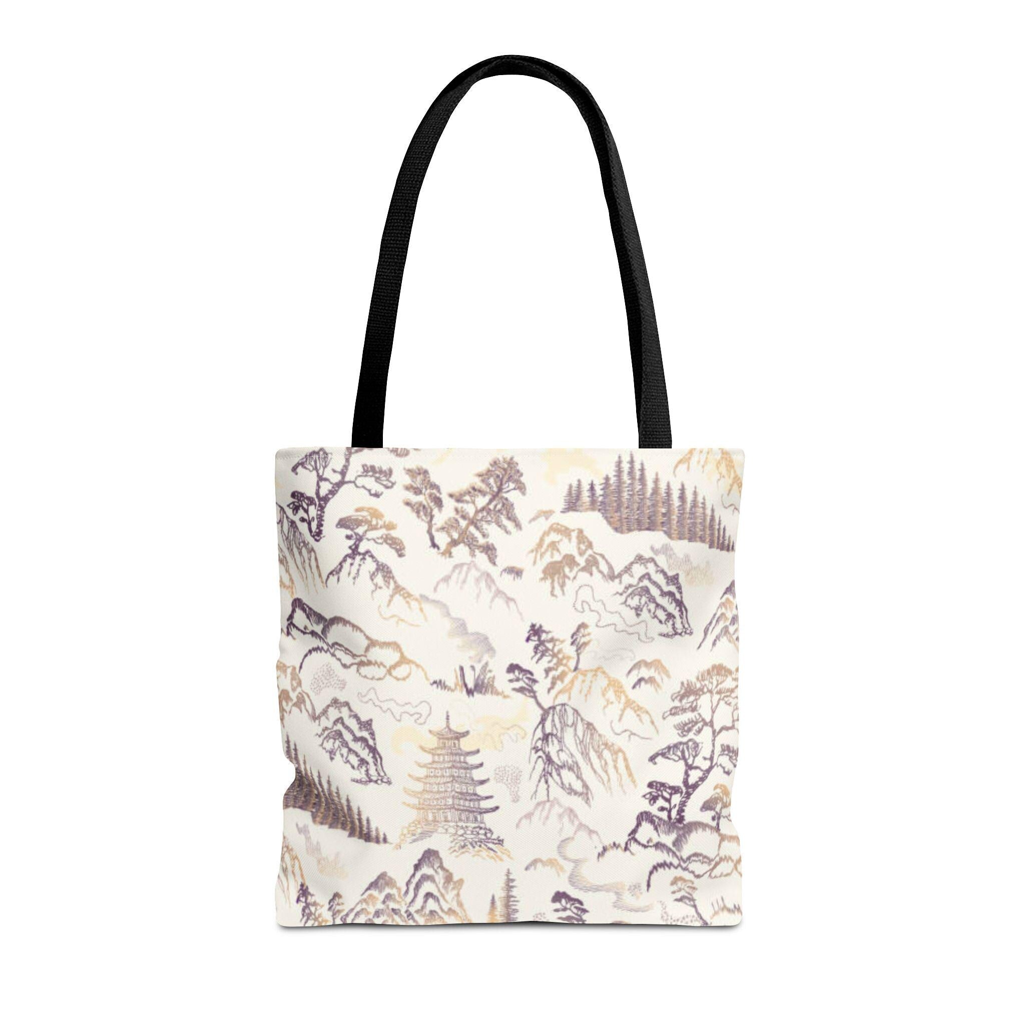 Asian Landscape Art Tote Bag | Pagoda Mountain Print