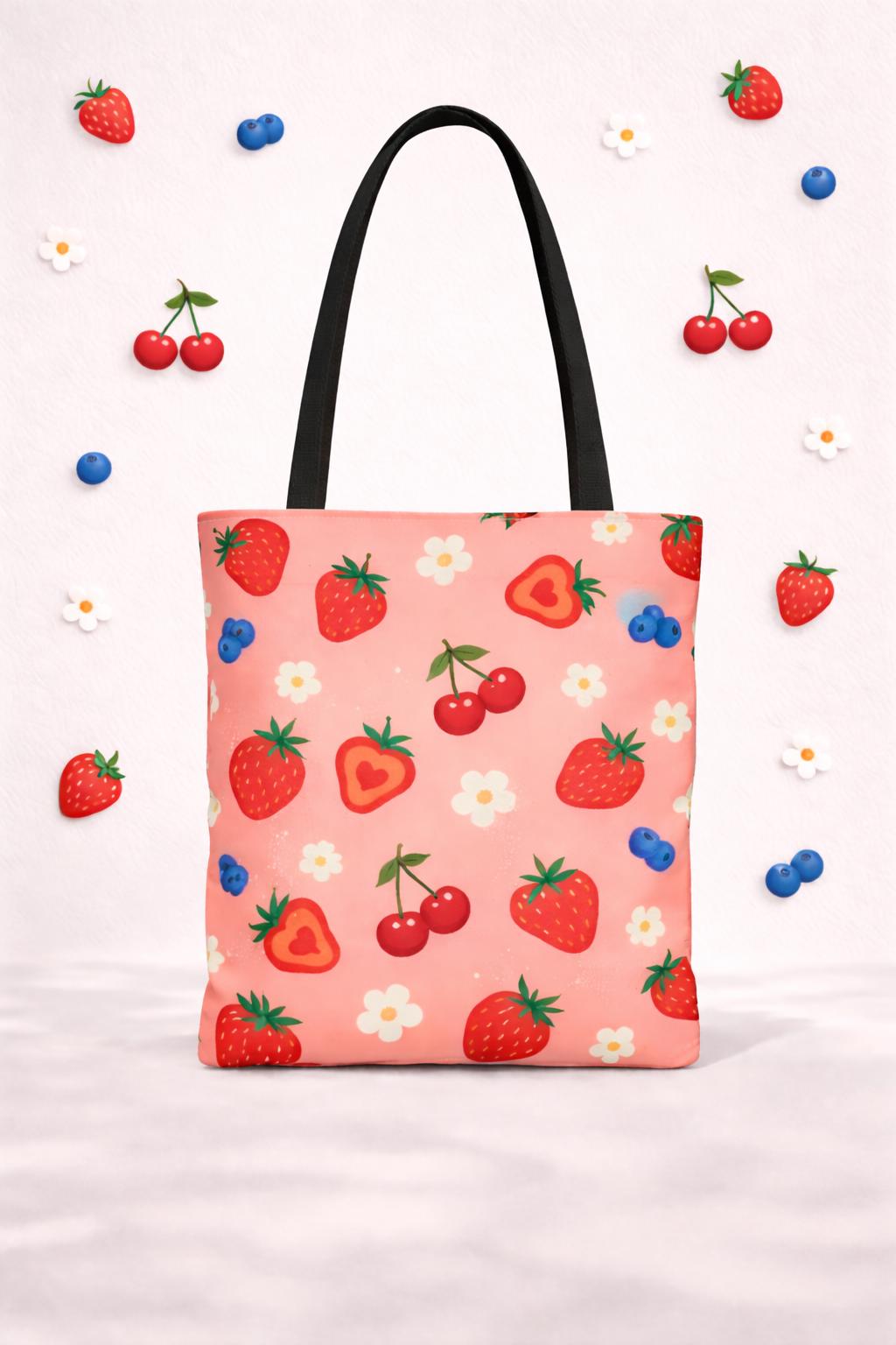 Strawberry Pattern Tote Bag, Cute Summer Floral Tote, Pink Fruit Grocery Bag, Reusable Eco-Friendly Market Bag, Gift for Her