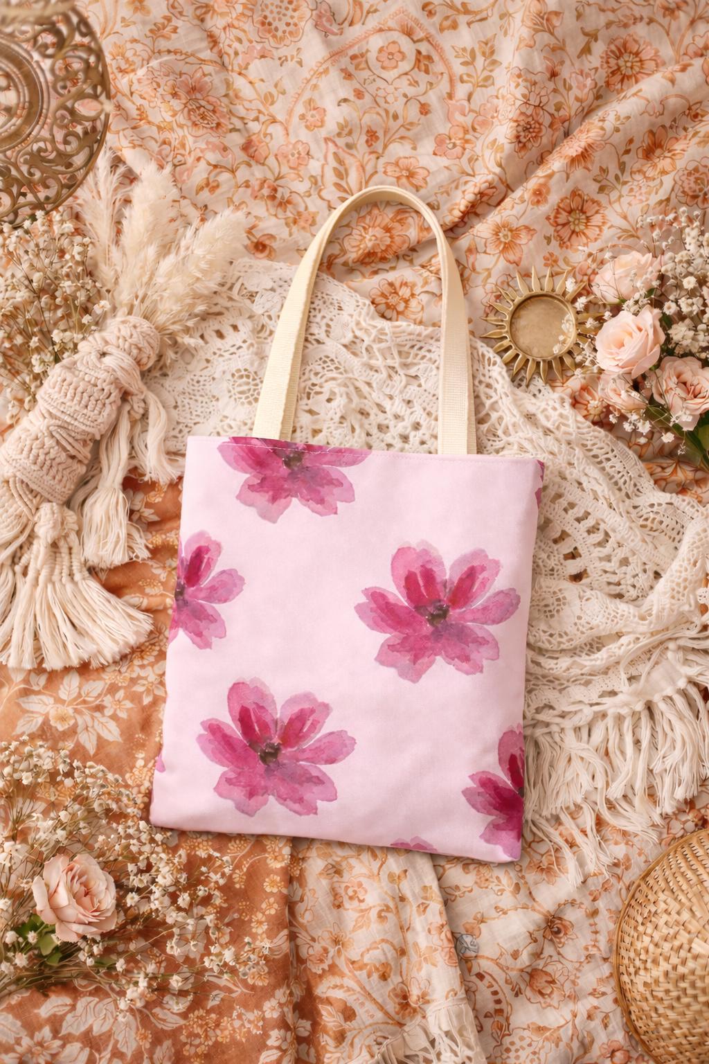 Pink Watercolor Floral Tote Bag, Pink Blossom Pattern, Eco Friendly Canvas Bag, Spring Shopping Bag, Gift for Her, Beach & Garden Tote