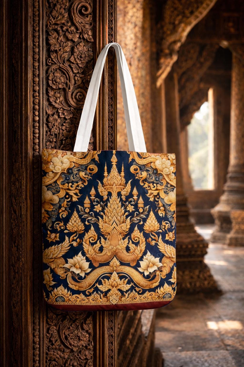 Gold Thai Temple Pattern Tote | Ornate Floral Motif, Navy Background