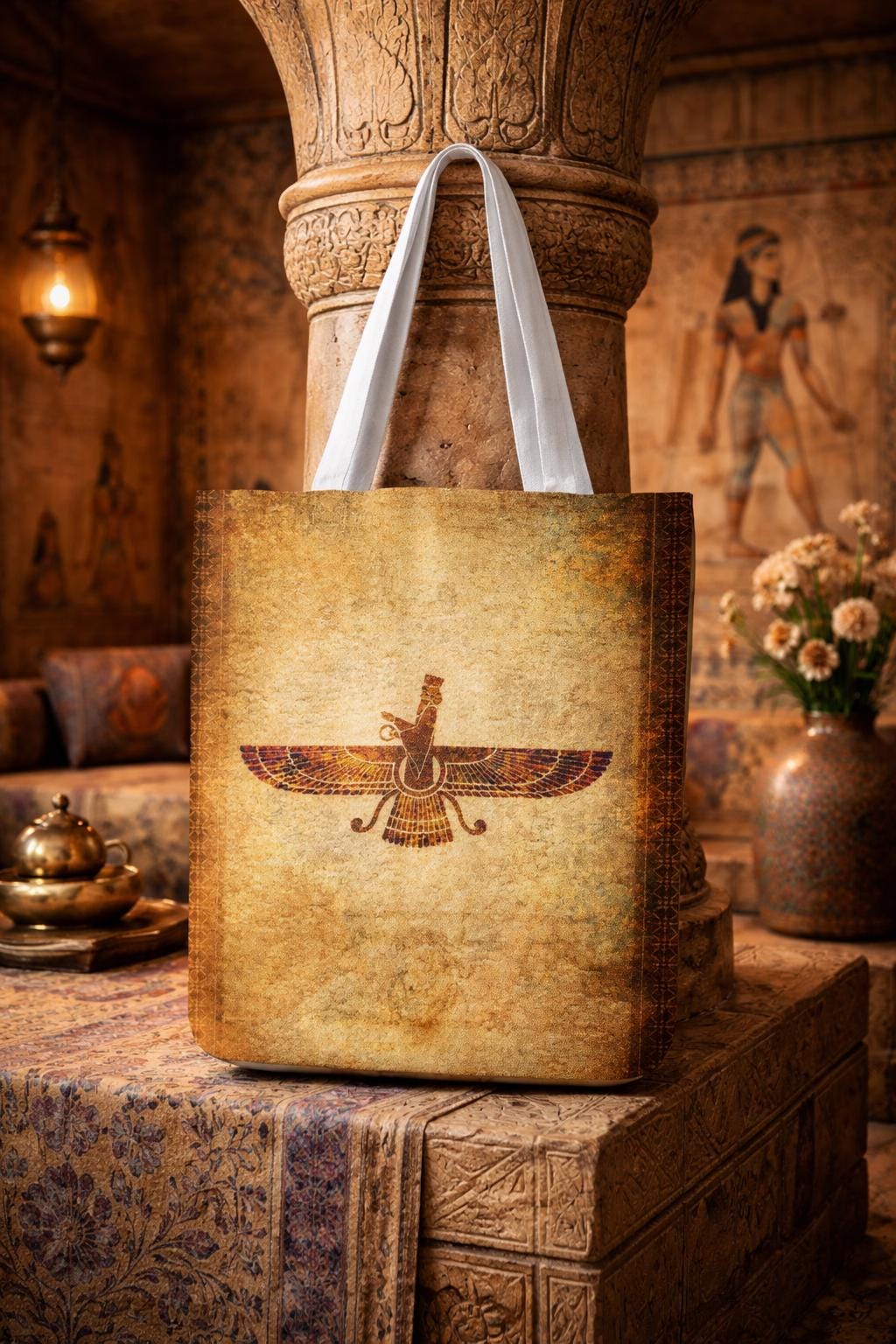Faravahar Zoroastrian Symbol Tote Bag | Persian Ancient Spirit, Vintage Scroll Background