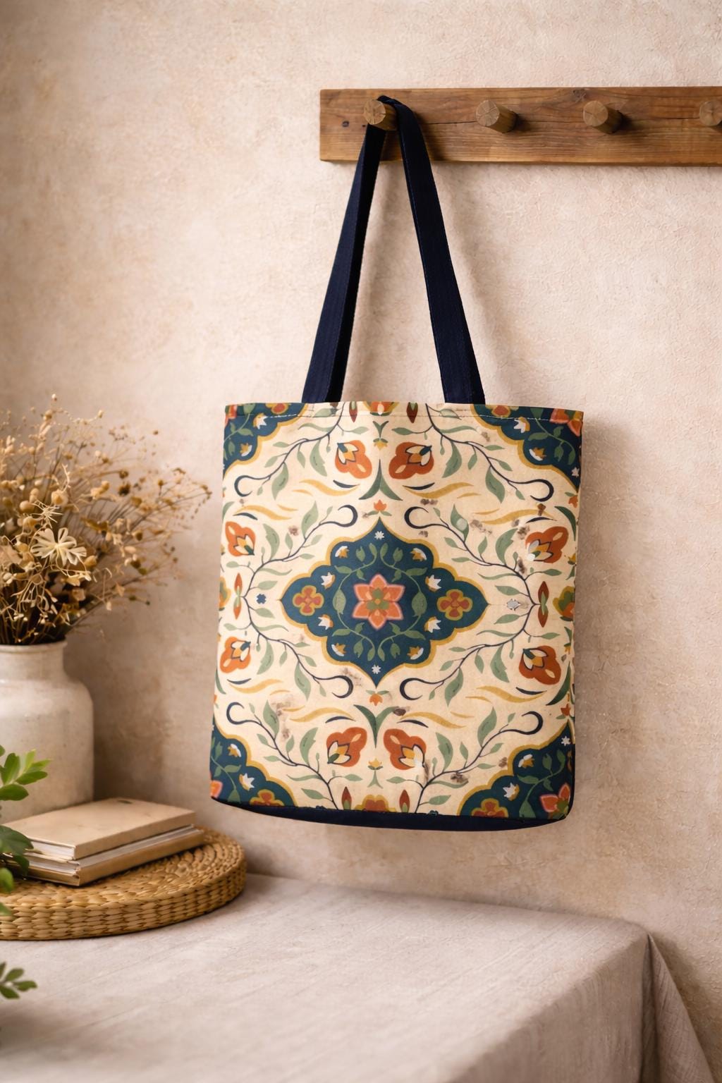 Vintage Floral Tile Pattern Tote Bag | All-Over Print