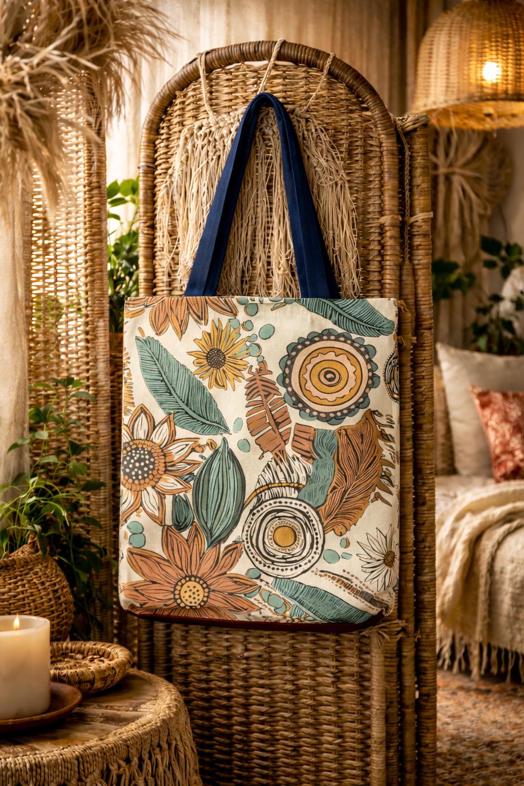 Boho Sunflower Feather Tote Bag | All-Over Print