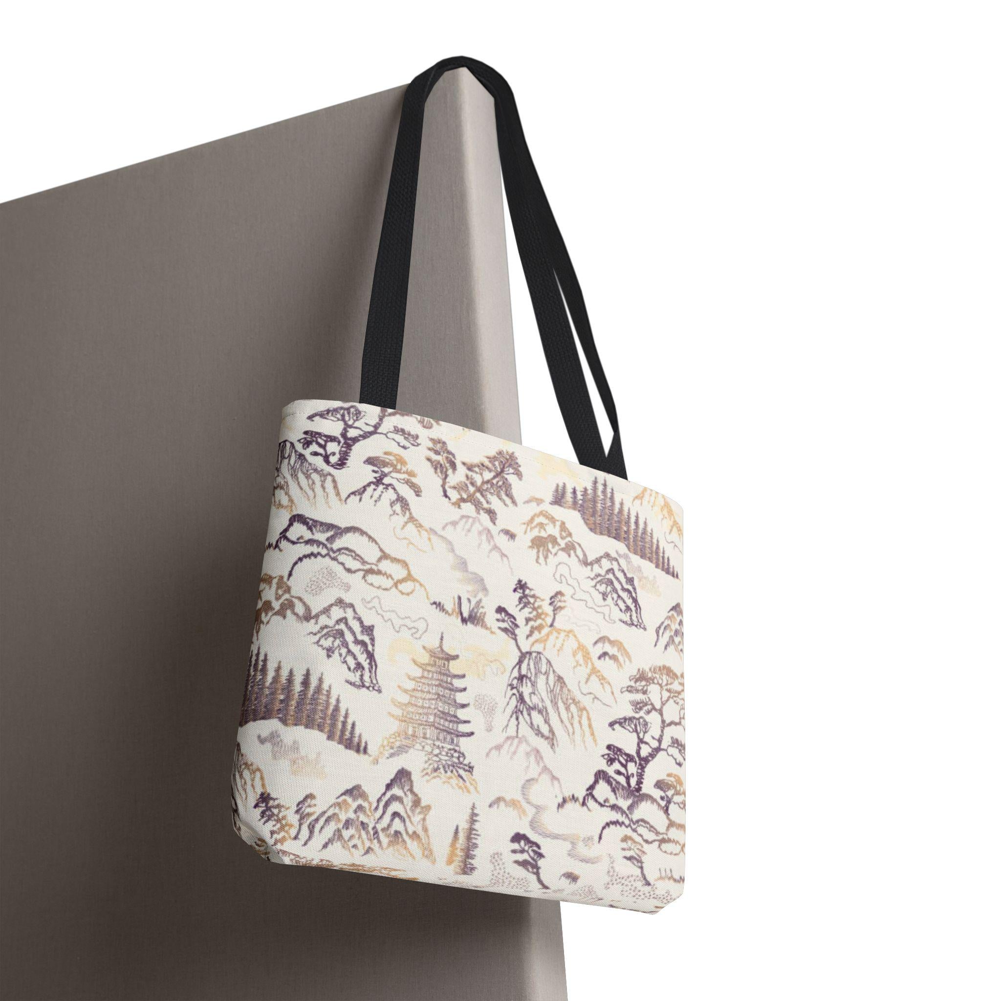 Asian Landscape Art Tote Bag | Pagoda Mountain Print