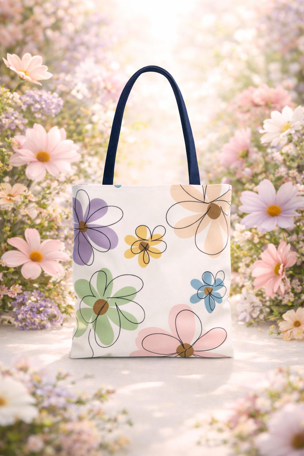 Pastel Doodle Flowers Tote Bag, Floral Illustration Casual Bag, Eco-Friendly Everyday Shopping Tote, Gift for Her, Spring & Summer