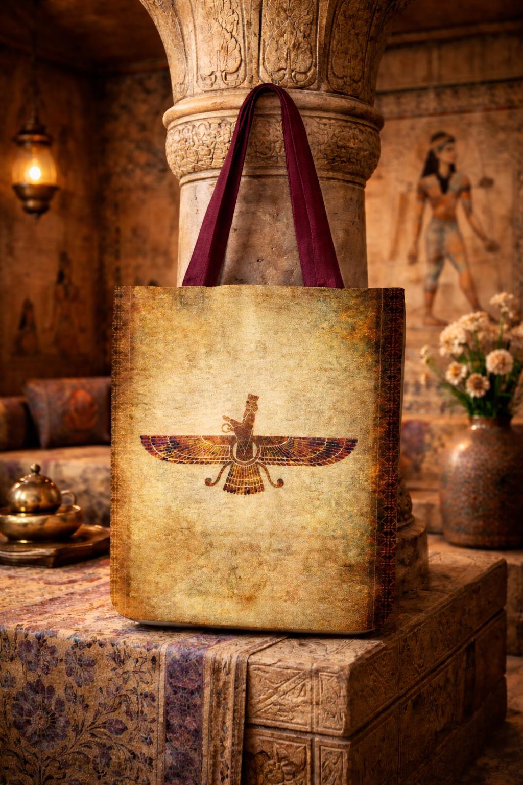 Faravahar Zoroastrian Symbol Tote Bag | Persian Ancient Spirit, Vintage Scroll Background