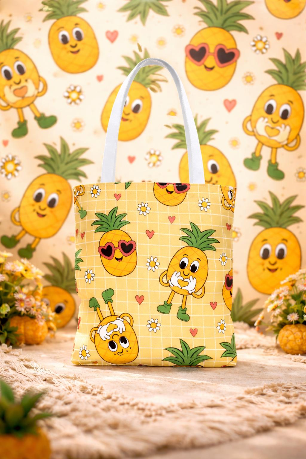Kawaii Pineapple Pattern Tote Bag | Cute Fruit Hearts Daisies All-Over Print