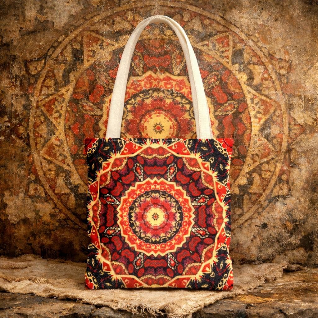 Red Mandala Pattern Tote Bag | Boho Kaleidoscope Print