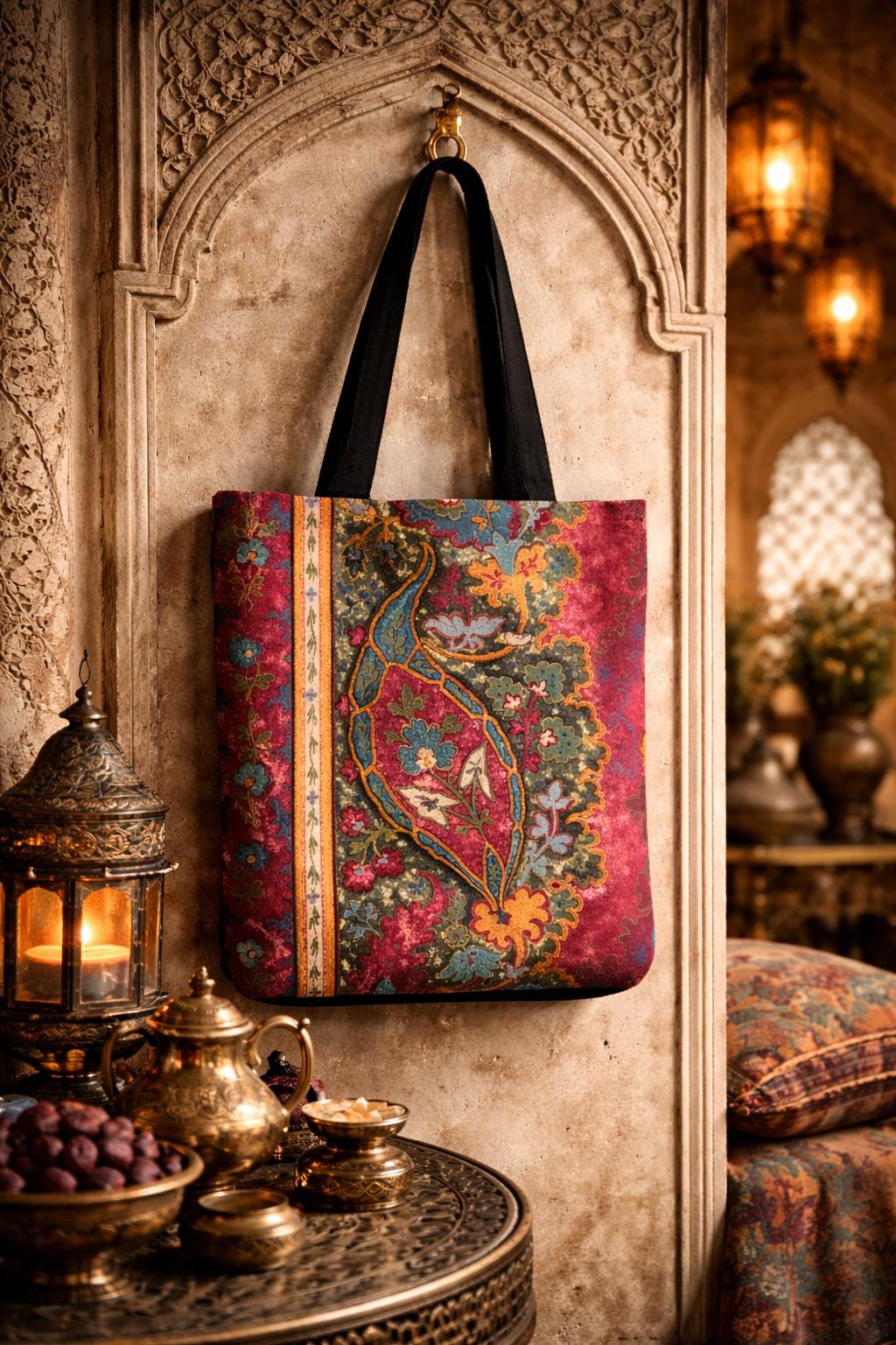 Floral Tote Bag: Persian Art Style, Colorful Handles