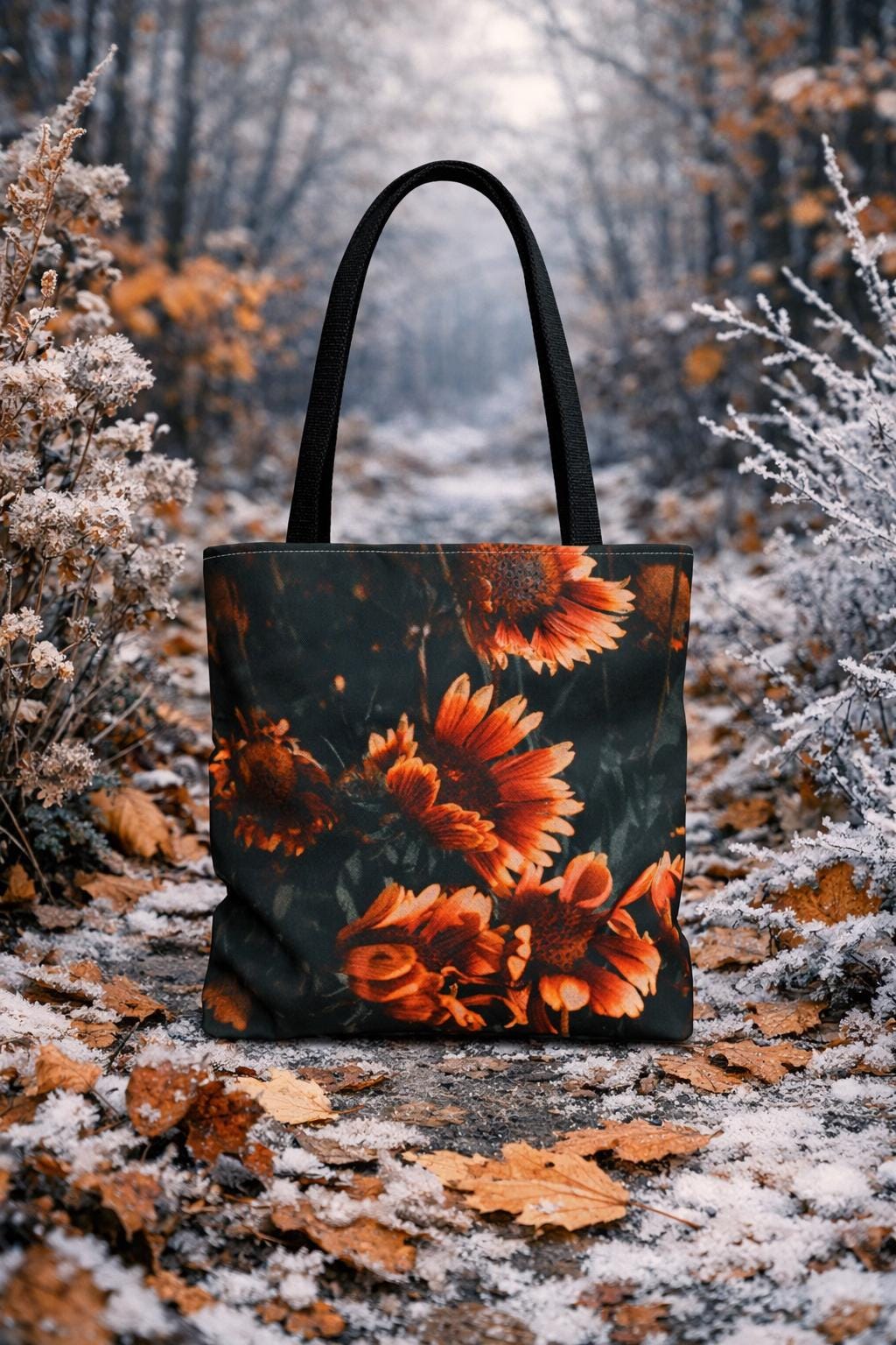 Autumn Orange Flowers Tote Bag | Floral Botanical Print, Eco-Friendly Canvas Grocery Bag, Fall Fashion Boho Tote for Shopping, Gift for Her