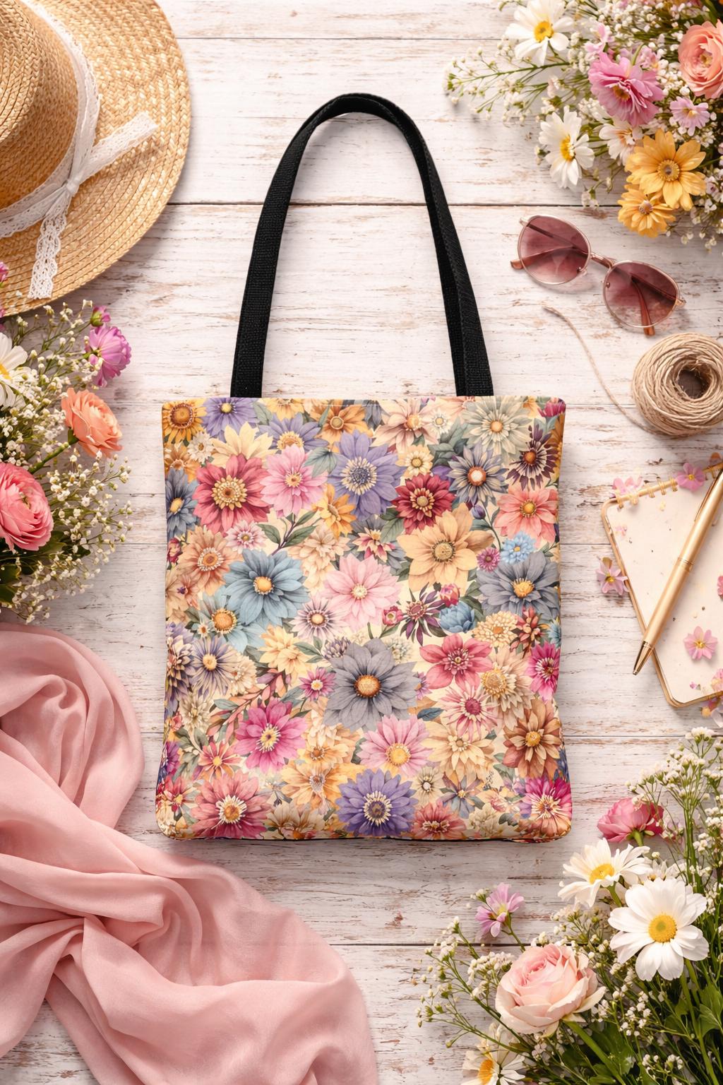 Vintage floral tote bag, pastel daisy all-over print, garden bag, eco-friendly shopping tote, women’s everyday bag, spring picnic accessory