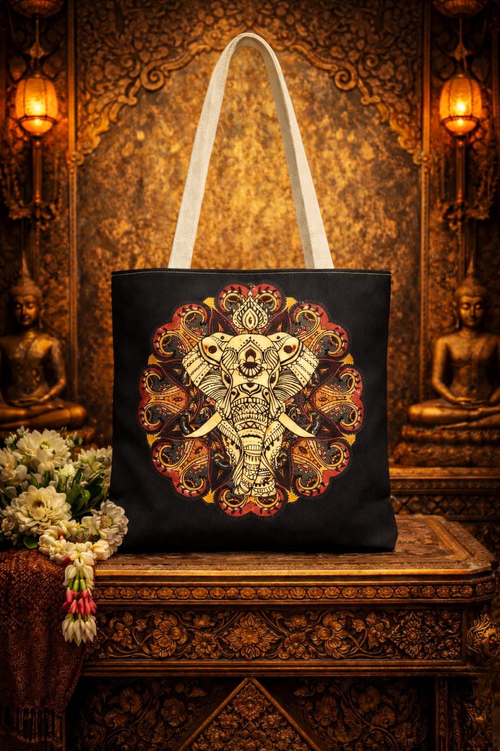 Elephant Mandala Tote Bag – Handcrafted Ornate Print for Casual Outings, Unique Gift for Nature Enthusiasts