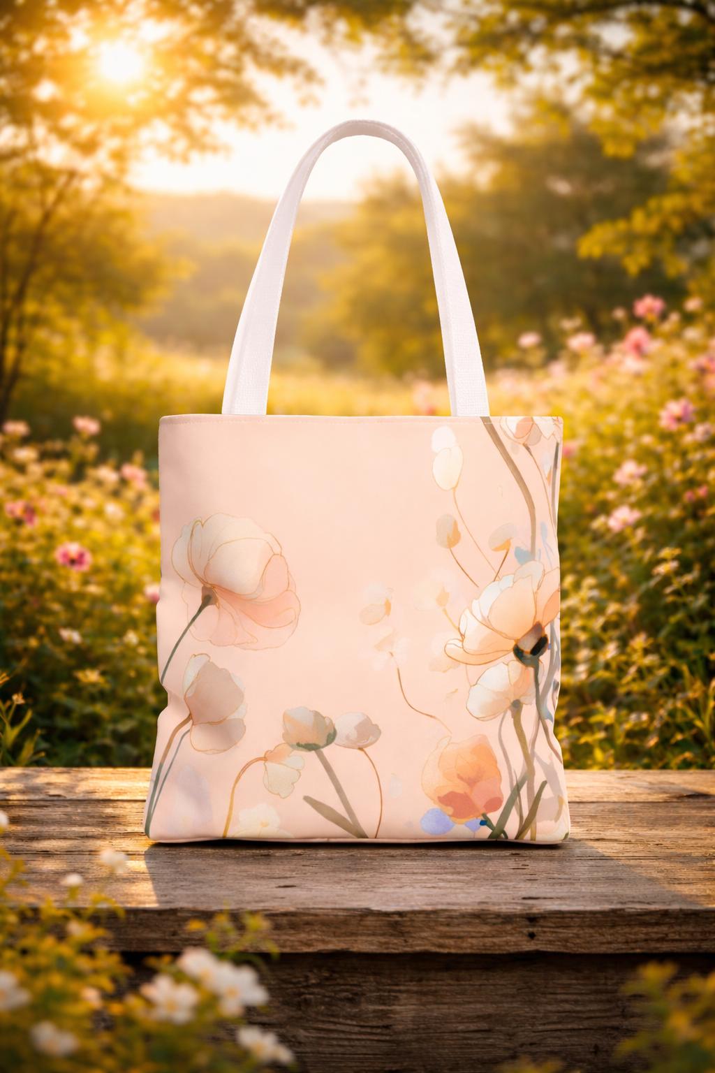 Blush Floral Illustration Tote Bag,Peach Poppy Pattern Handcrafted Summer Accessory & Gift for Garden Lovers