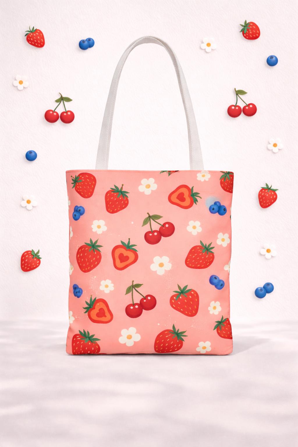 Strawberry Pattern Tote Bag, Cute Summer Floral Tote, Pink Fruit Grocery Bag, Reusable Eco-Friendly Market Bag, Gift for Her