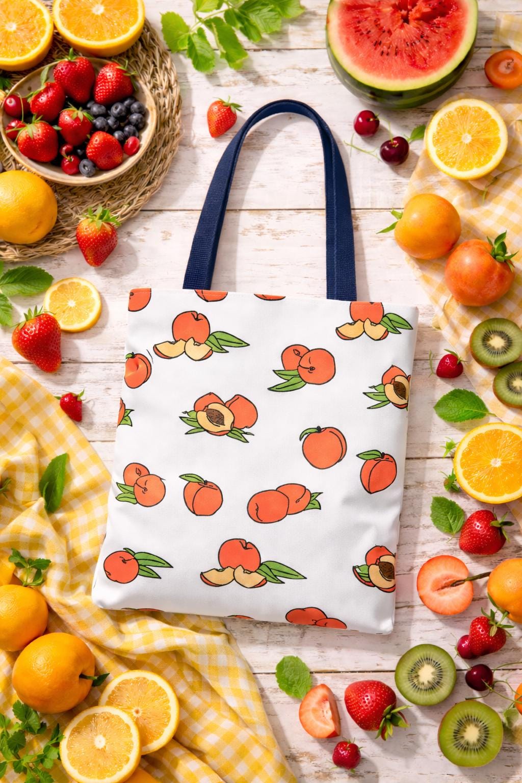 Peach Pattern Tote Bag | All-Over Print Fruit Shopper Bag for Summer, Grocery, Farmers Market, Eco-Friendly Daily, Gift for Her