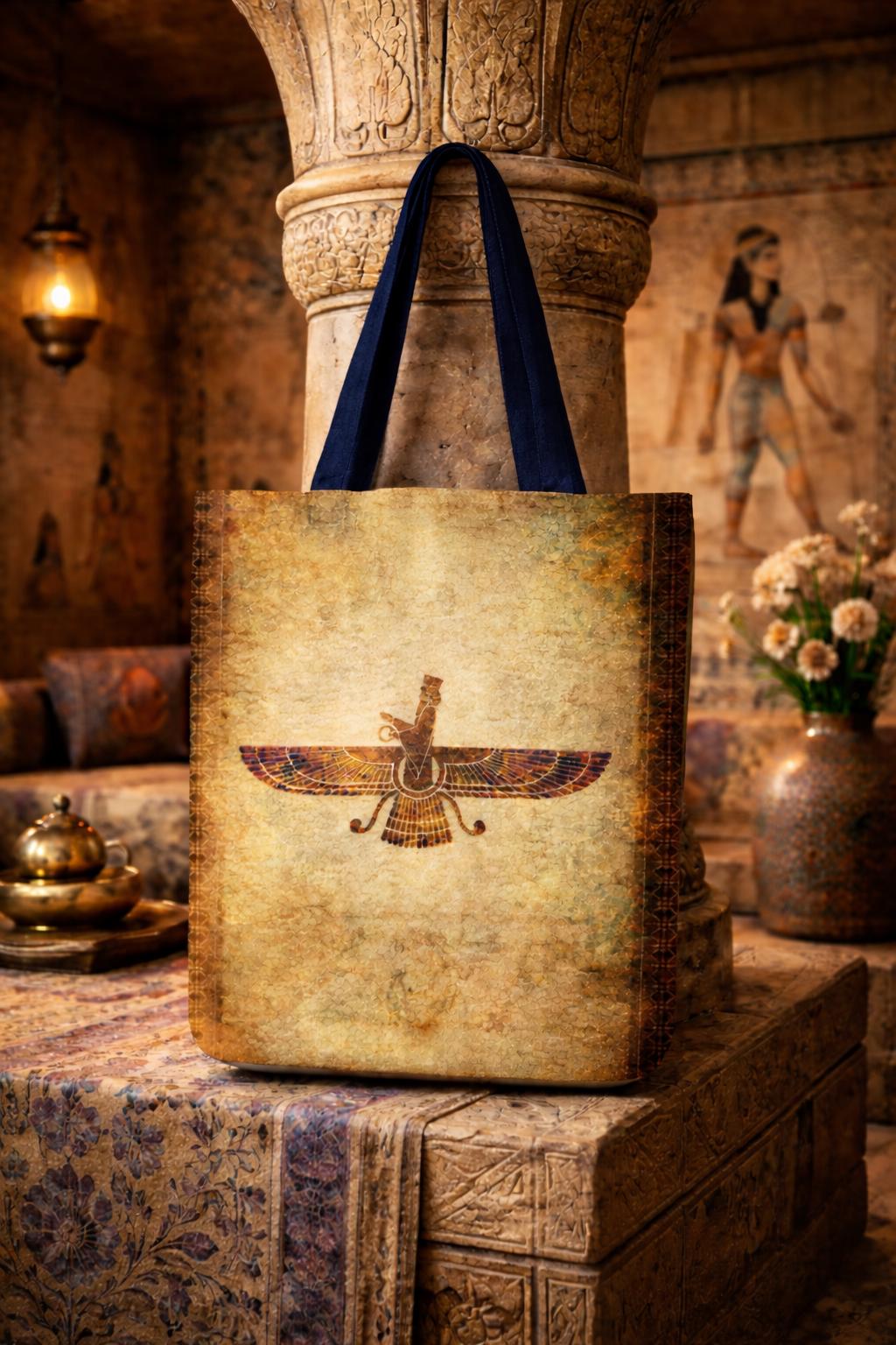 Faravahar Zoroastrian Symbol Tote Bag | Persian Ancient Spirit, Vintage Scroll Background
