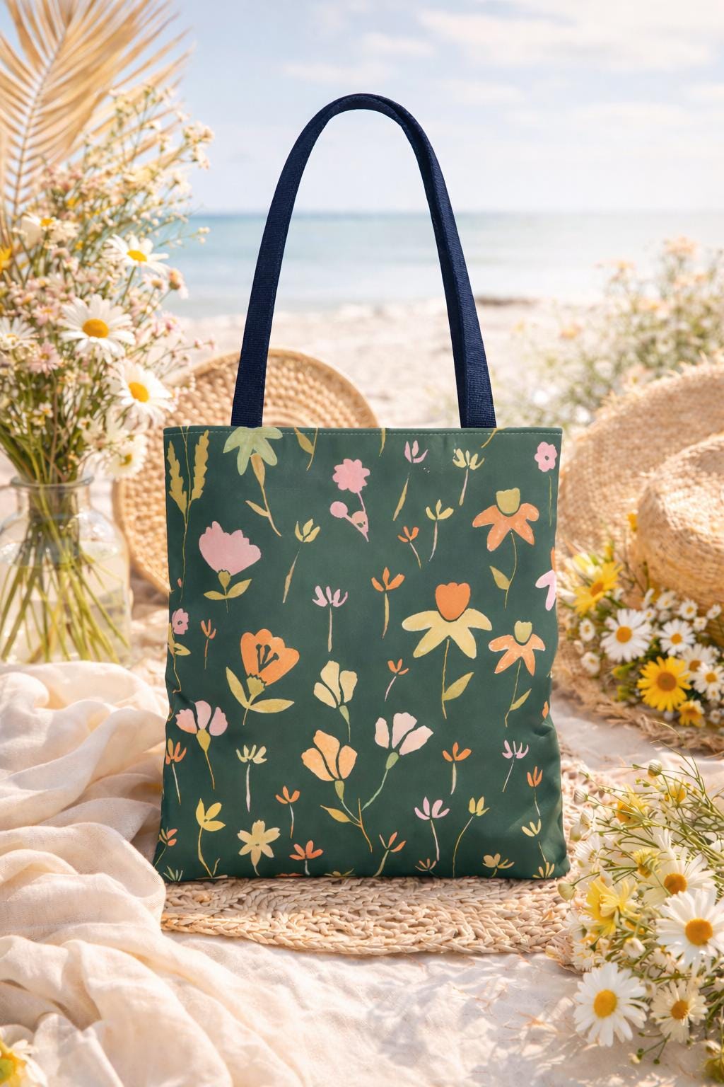 Floral tote bag, all-over printed wildflowers, green and blush pink blooms, everyday market shopping bag, eco-friendly gift for her