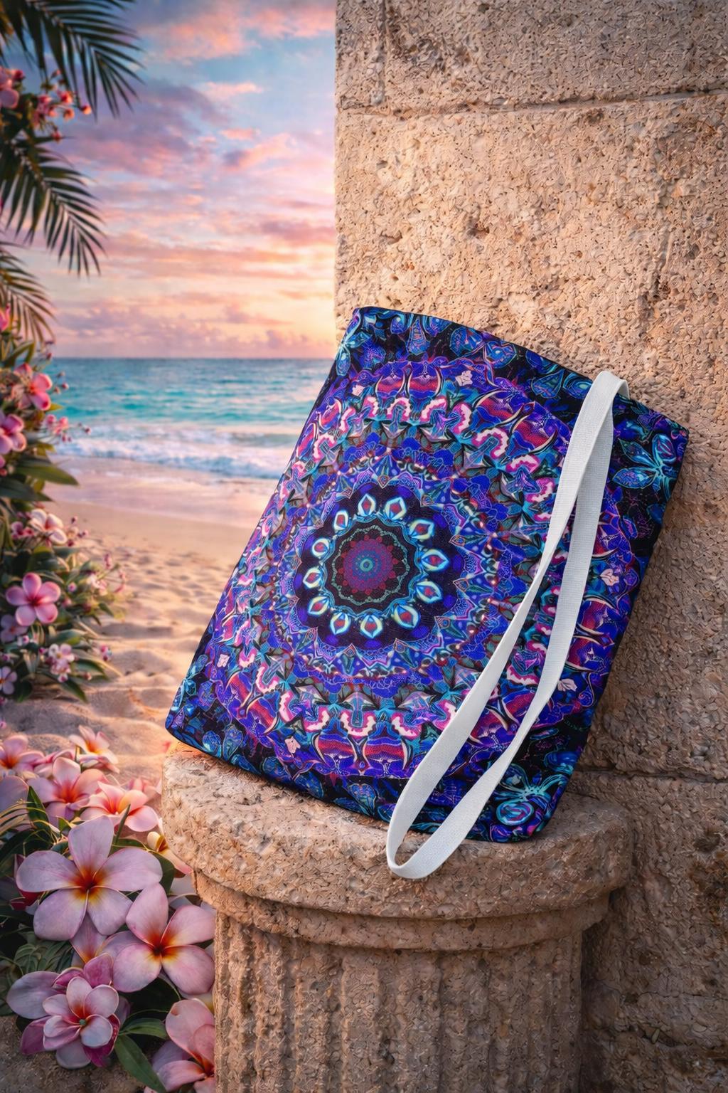 Mandala Bag with Blue and Purple Kaleidoscope Design – Stylish Accessory for Shopping & Events – Perfect Gift for Boho Charm