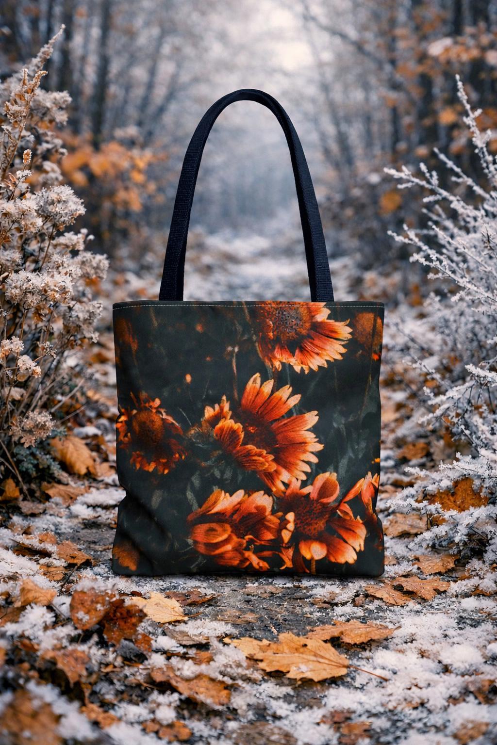 Autumn Orange Flowers Tote Bag | Floral Botanical Print, Eco-Friendly Canvas Grocery Bag, Fall Fashion Boho Tote for Shopping, Gift for Her