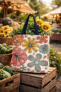Retro Floral Pattern Tote Bag | Colorful Daisies All Over Print