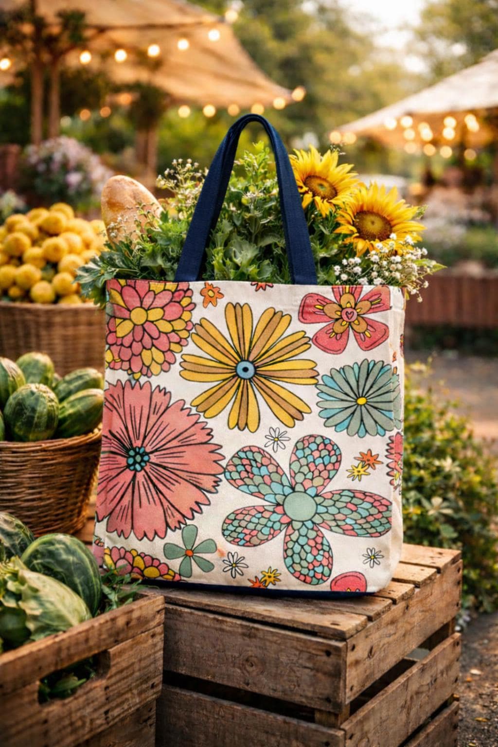 Retro Floral Pattern Tote Bag | Colorful Daisies All Over Print