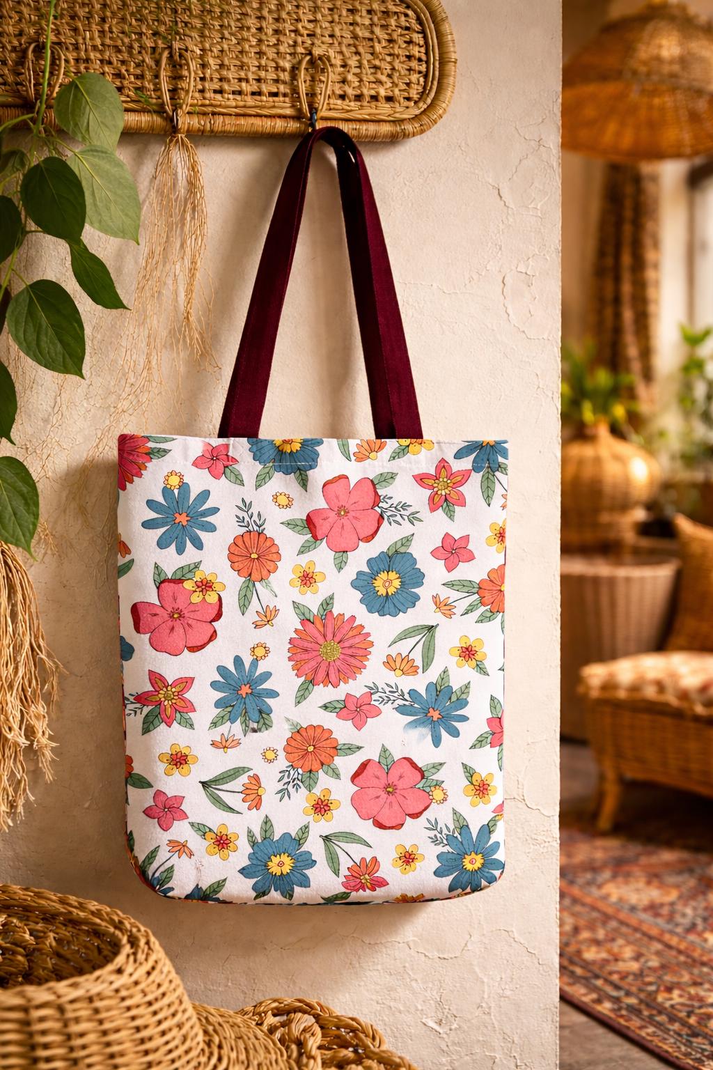 Retro Floral Pattern Tote Bag | Colorful Wildflower All-Over Print