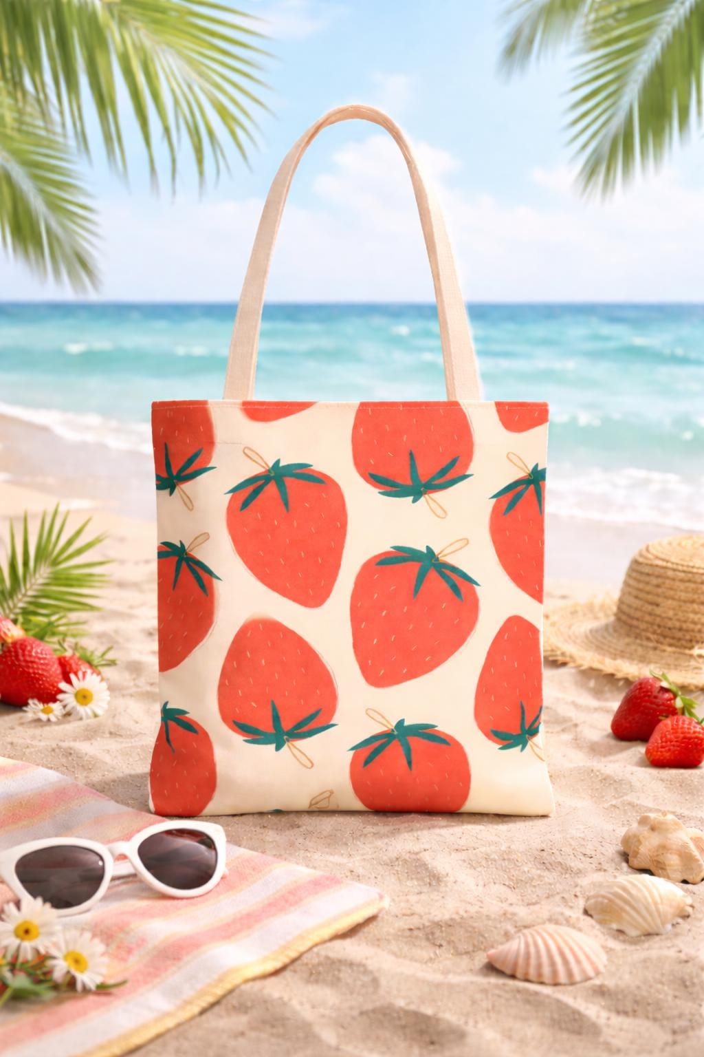 Strawberry Pattern Tote Bag, Retro Grocery Bag
