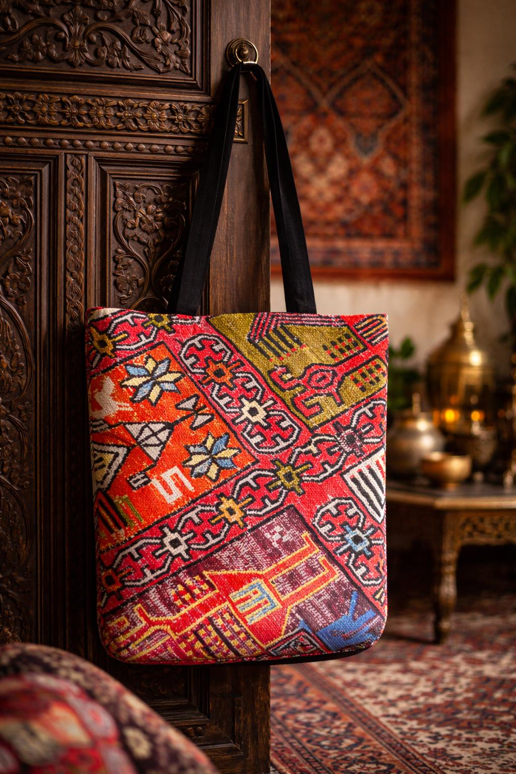 Persian inspired funky tote bag with vibrant patterns, handmade art, versatile shoulder strap, perfect for everyday use