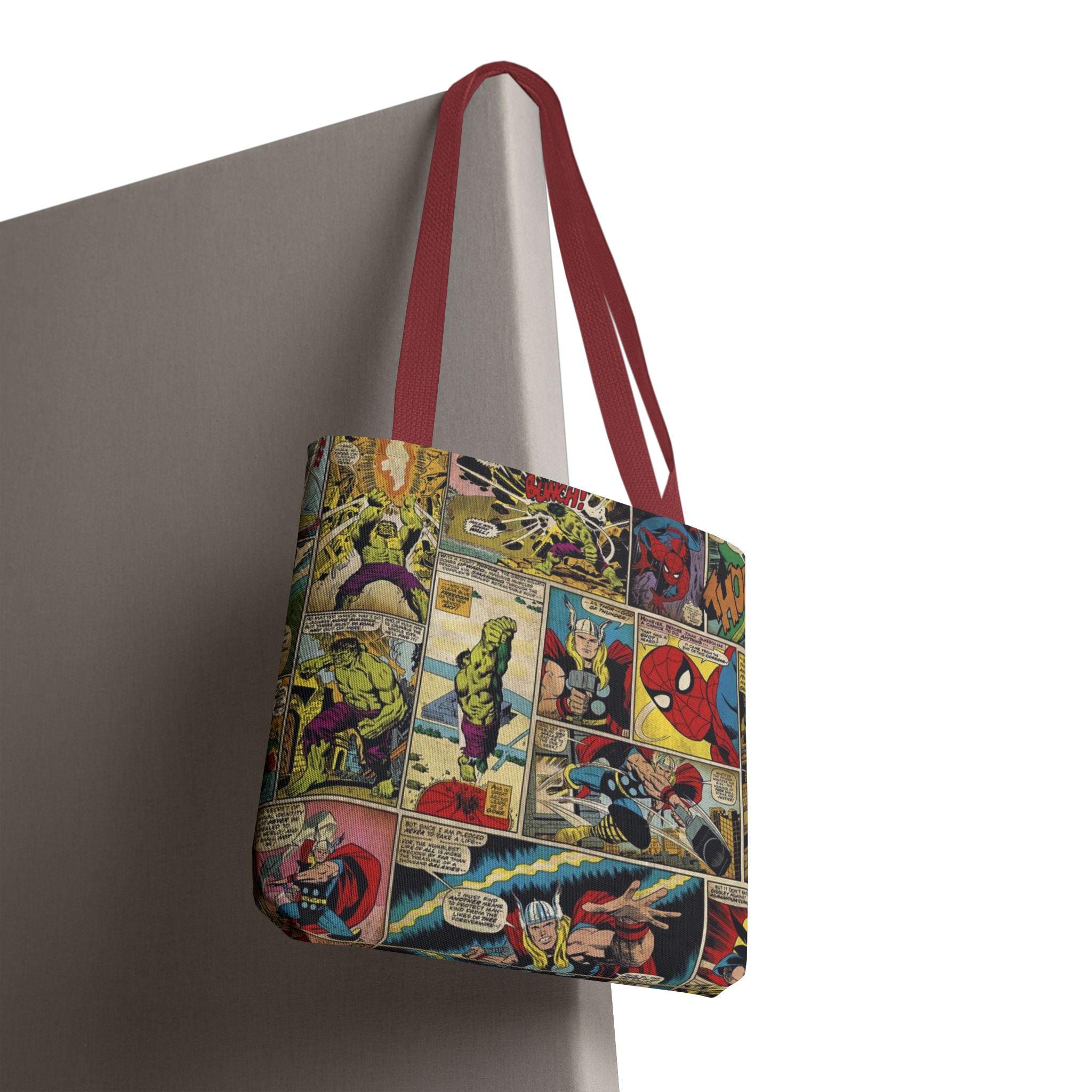 Vintage Comic Collage Tote Bag, Nerd and Superhero Book Bag, Retro Pop Art Shoulder Tote for Men and Women, Geeky Grocery Shopping Bag