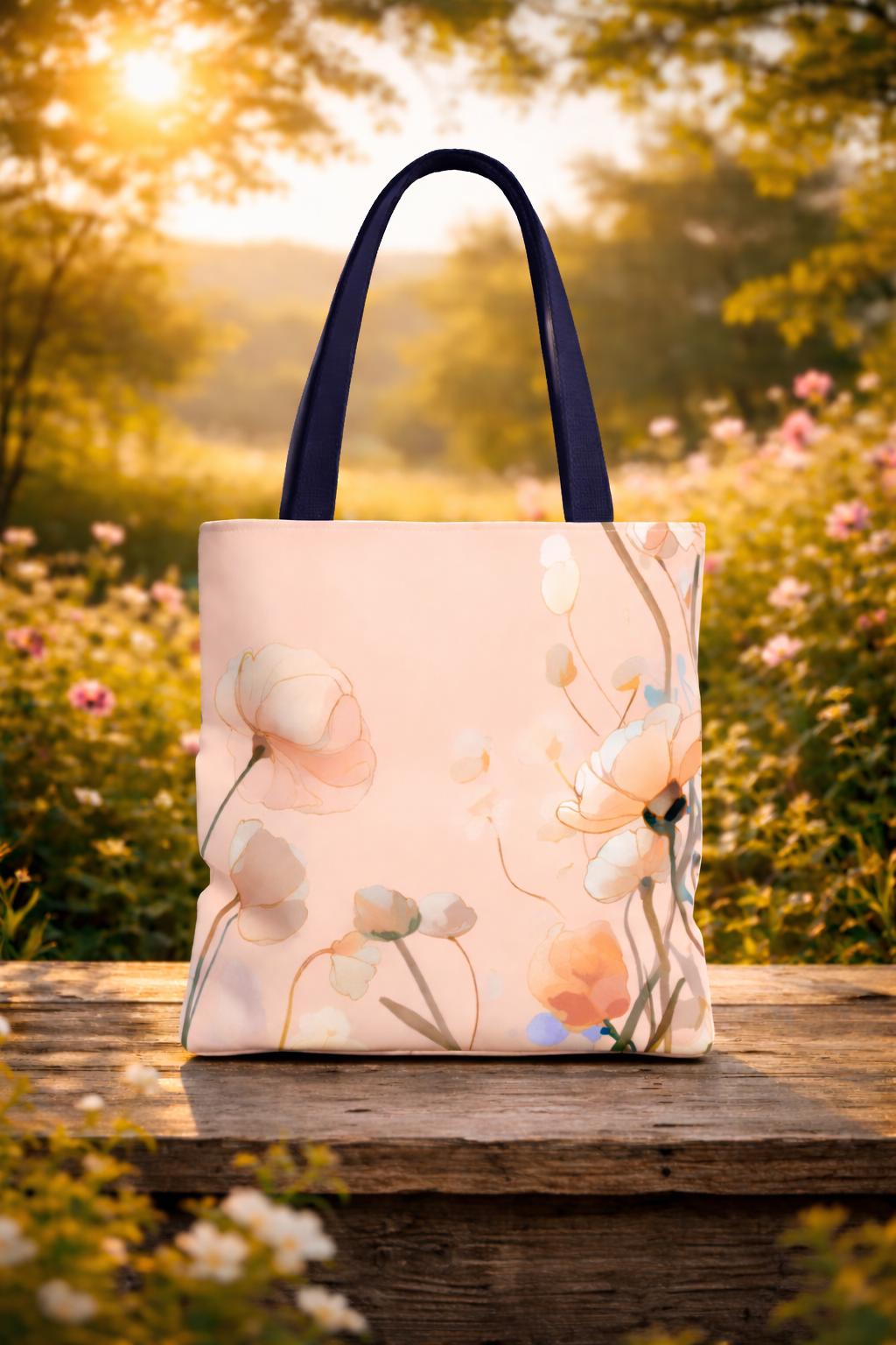 Blush Floral Illustration Tote Bag,Peach Poppy Pattern Handcrafted Summer Accessory & Gift for Garden Lovers