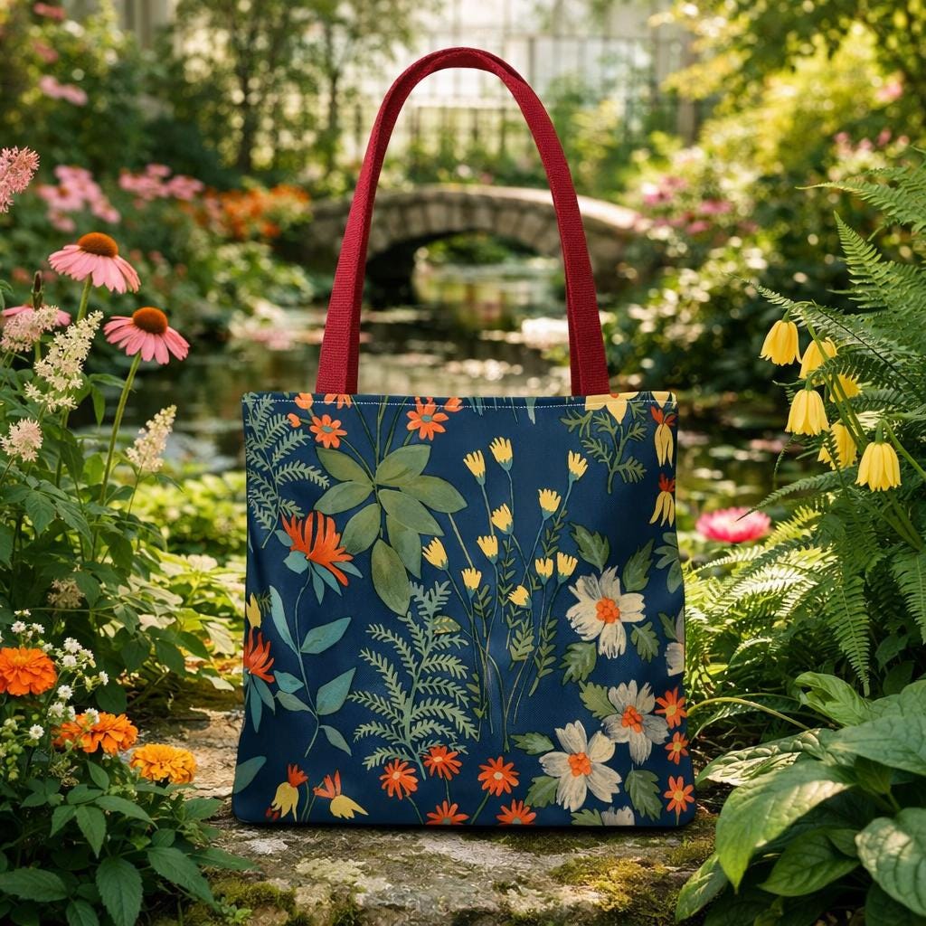 Wildflower Meadow Tote Bag | Floral Botanical Pattern, Navy Background