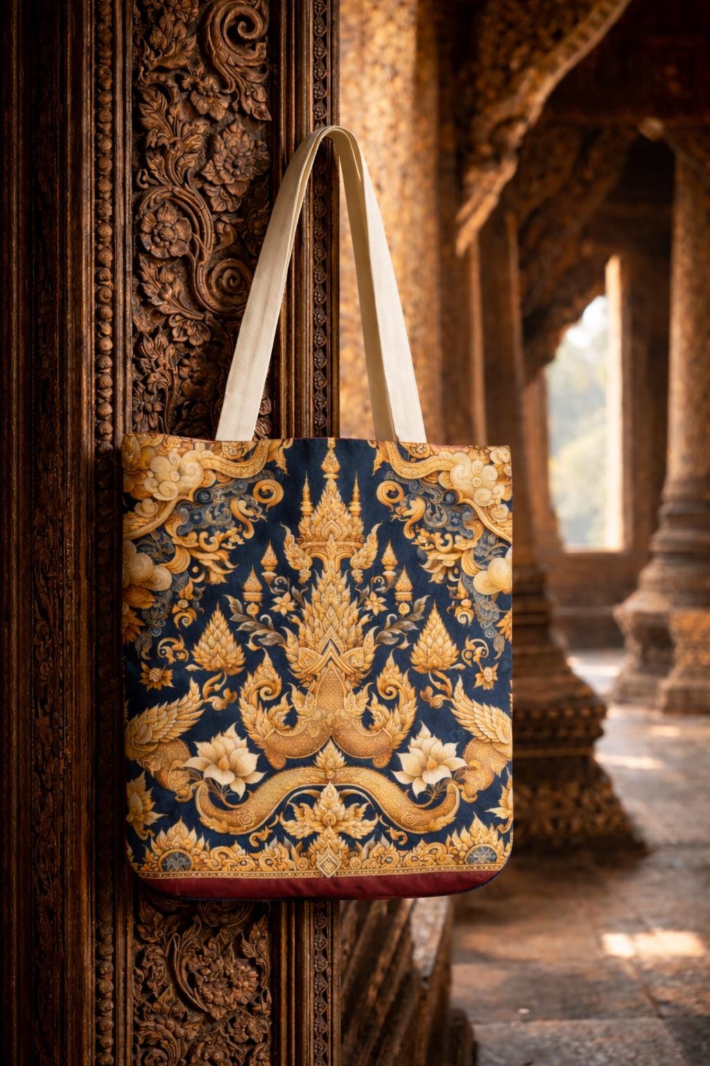 Gold Thai Temple Pattern Tote | Ornate Floral Motif, Navy Background