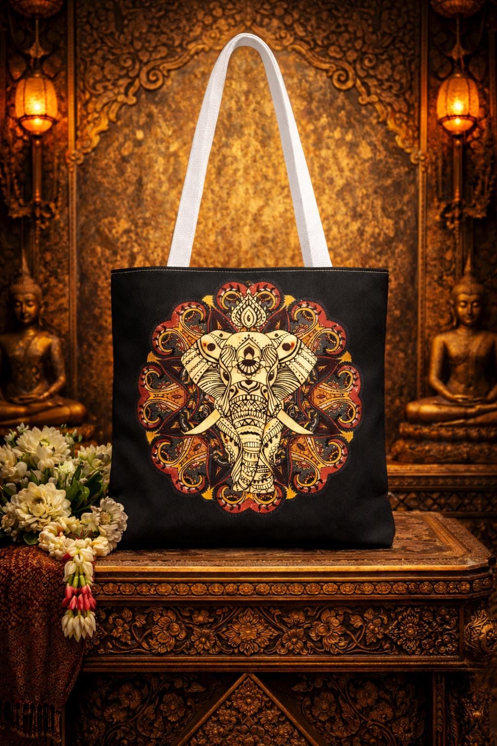 Elephant Mandala Tote Bag – Handcrafted Ornate Print for Casual Outings, Unique Gift for Nature Enthusiasts