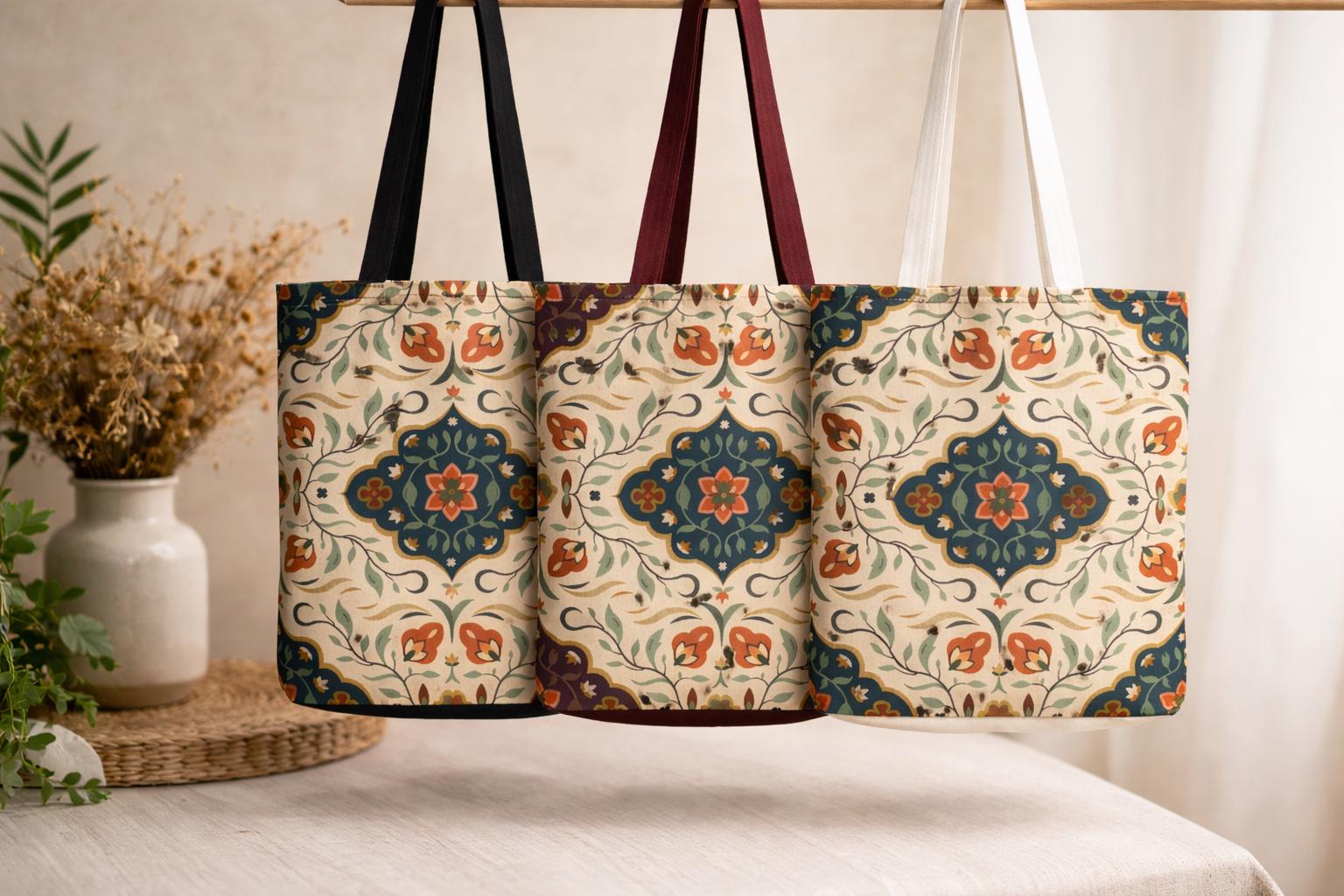 Vintage Floral Tile Pattern Tote Bag | All-Over Print