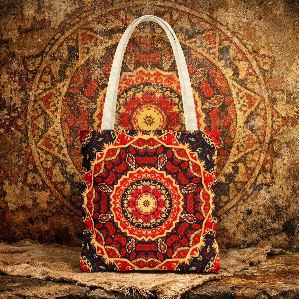 Red Mandala Pattern Tote Bag | Boho Kaleidoscope Print