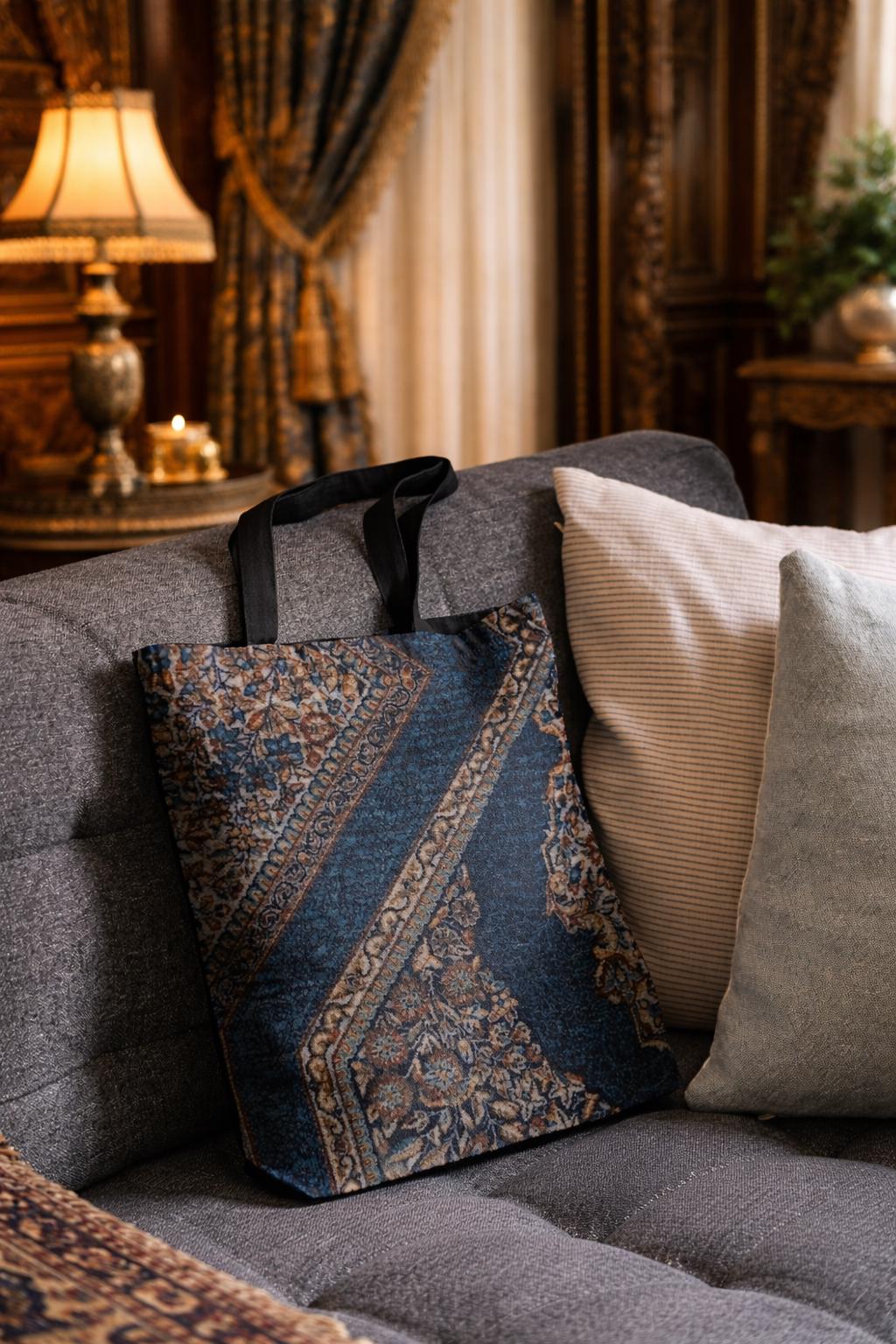 Vintage Persian Rug Pattern Tote Bag | Blue Ornate Textile Print