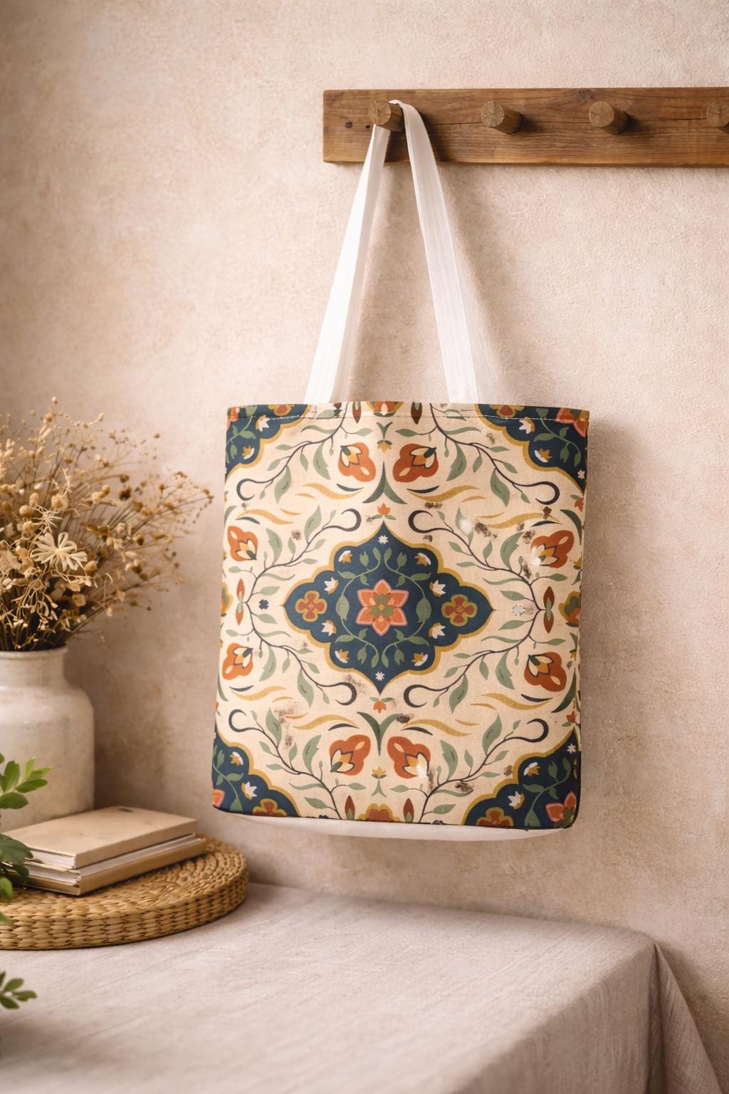 Vintage Floral Tile Pattern Tote Bag | All-Over Print