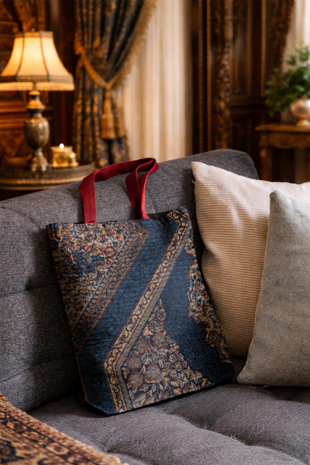 Vintage Persian Rug Pattern Tote Bag | Blue Ornate Textile Print
