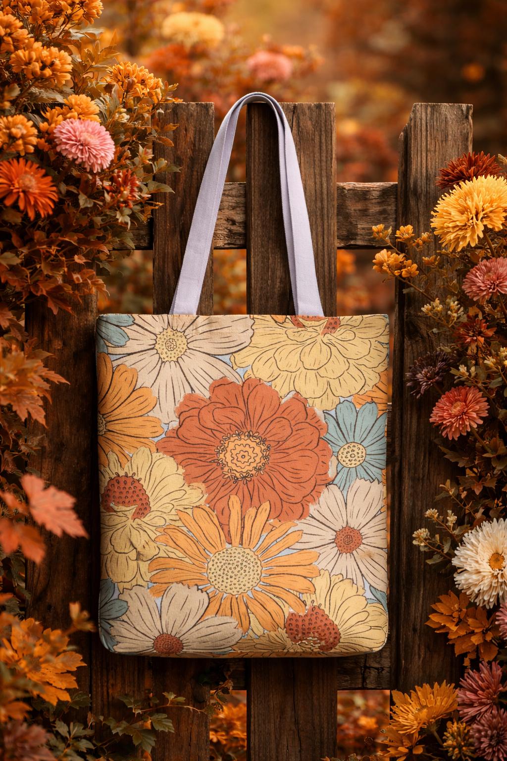 Retro Floral Bouquet Tote | Vintage Daisy Pattern, Earth Tone Flowers