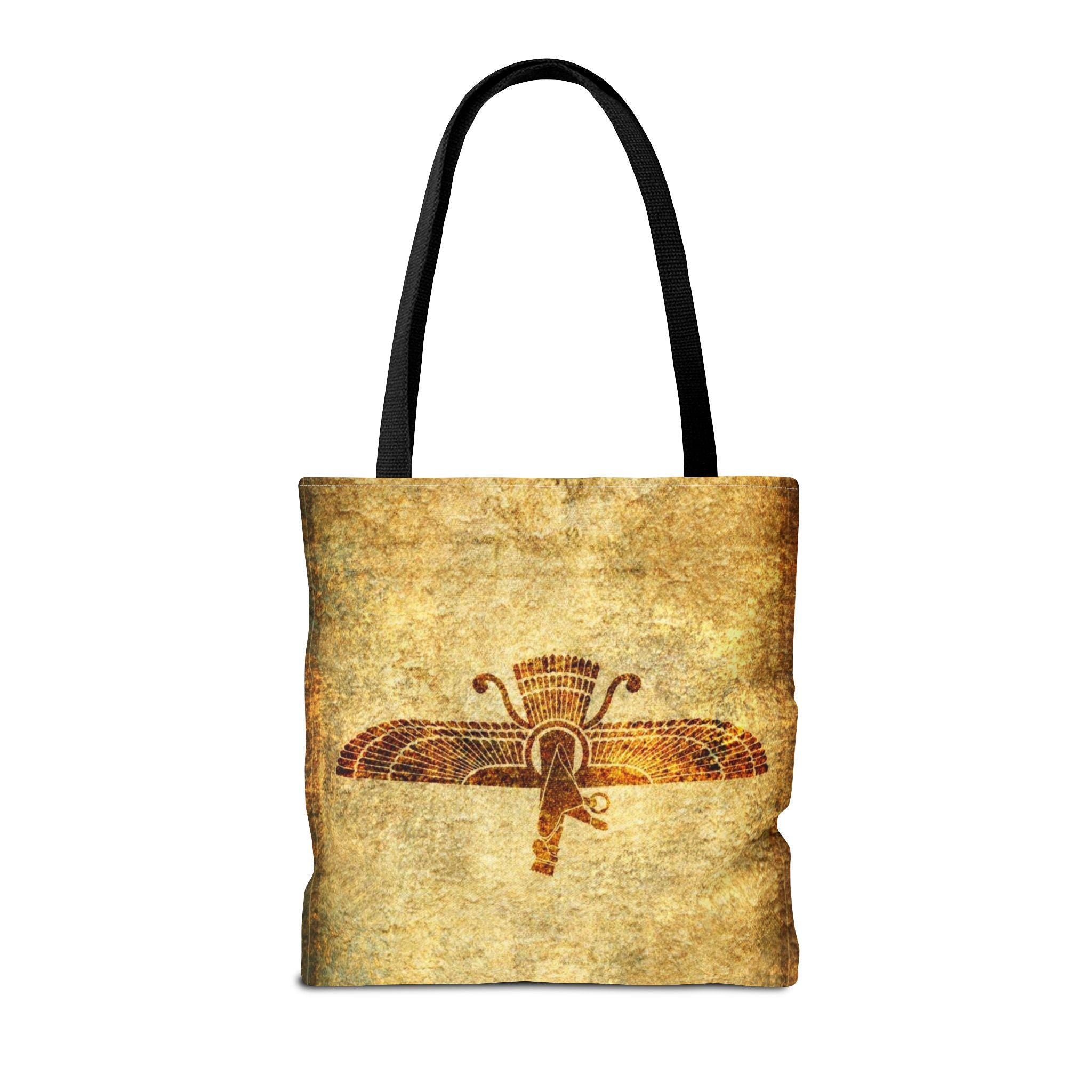 Faravahar Zoroastrian Symbol Tote Bag | Persian Ancient Spirit, Vintage Scroll Background