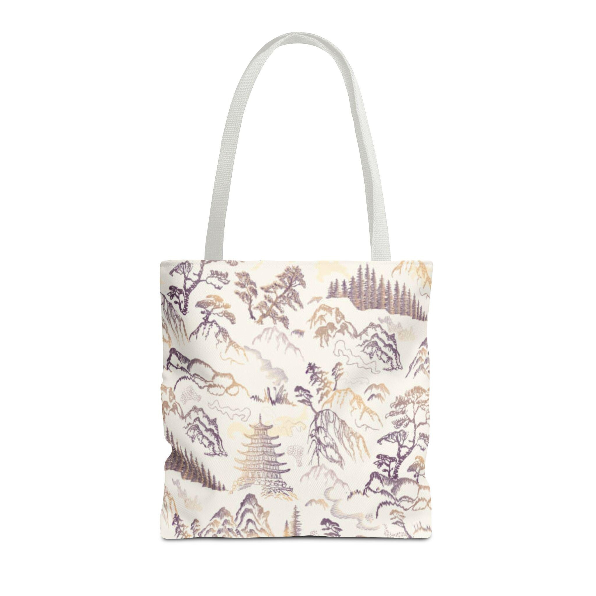 Asian Landscape Art Tote Bag | Pagoda Mountain Print