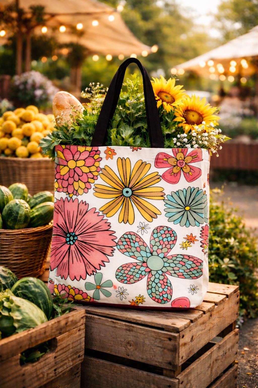 Retro Floral Pattern Tote Bag | Colorful Daisies All Over Print