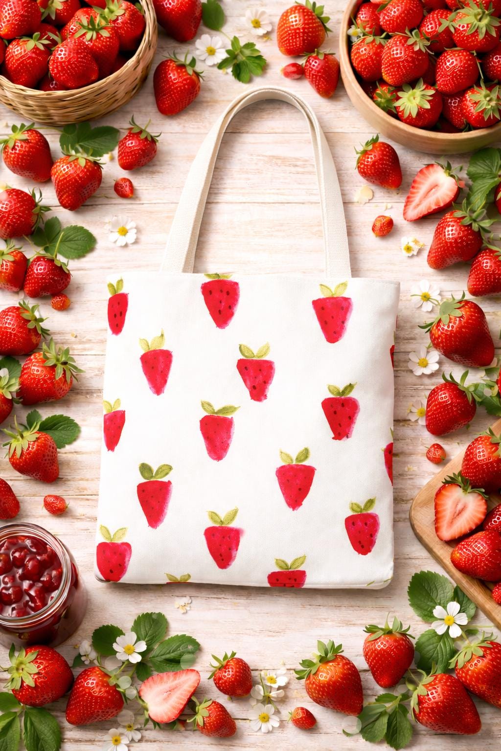 Handpainted Strawberry Tote Bag | Watercolor Fruit Print