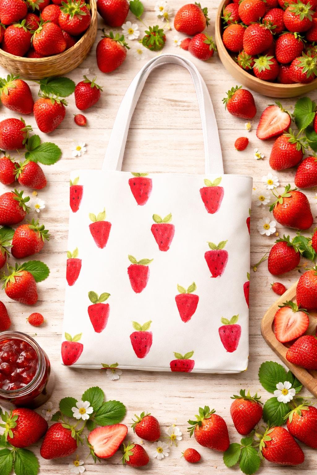 Handpainted Strawberry Tote Bag | Watercolor Fruit Print