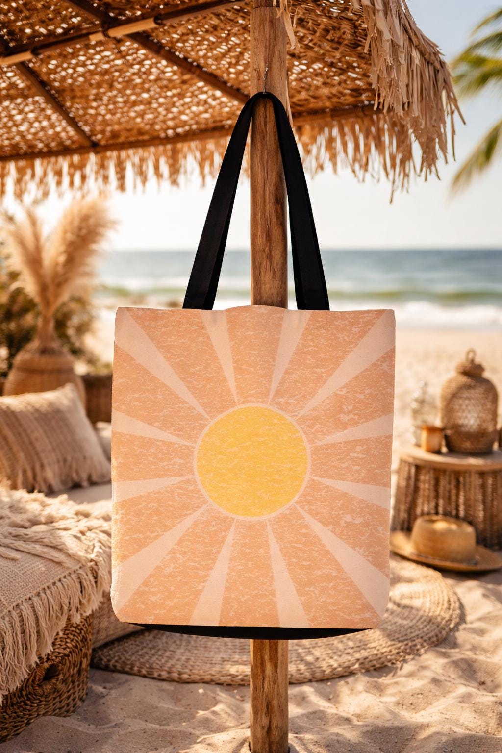 Retro Sunburst Tote Bag | Boho Sunrise Graphic
